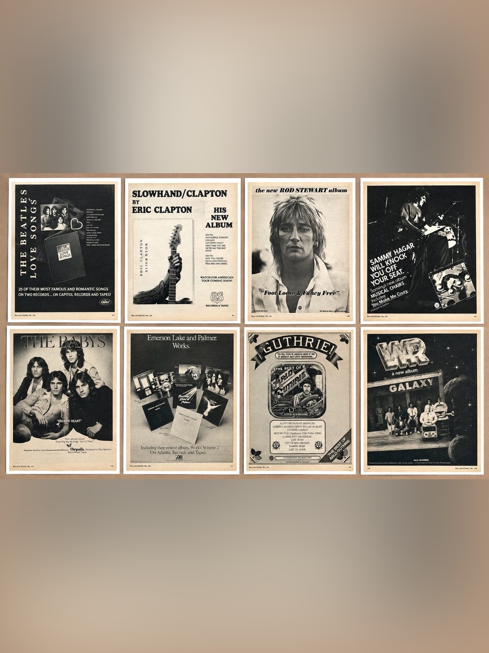Lot 8 Vintage 1970s Rolling Stone Classic Rock Ads Beatles Clapton Rod Stewart